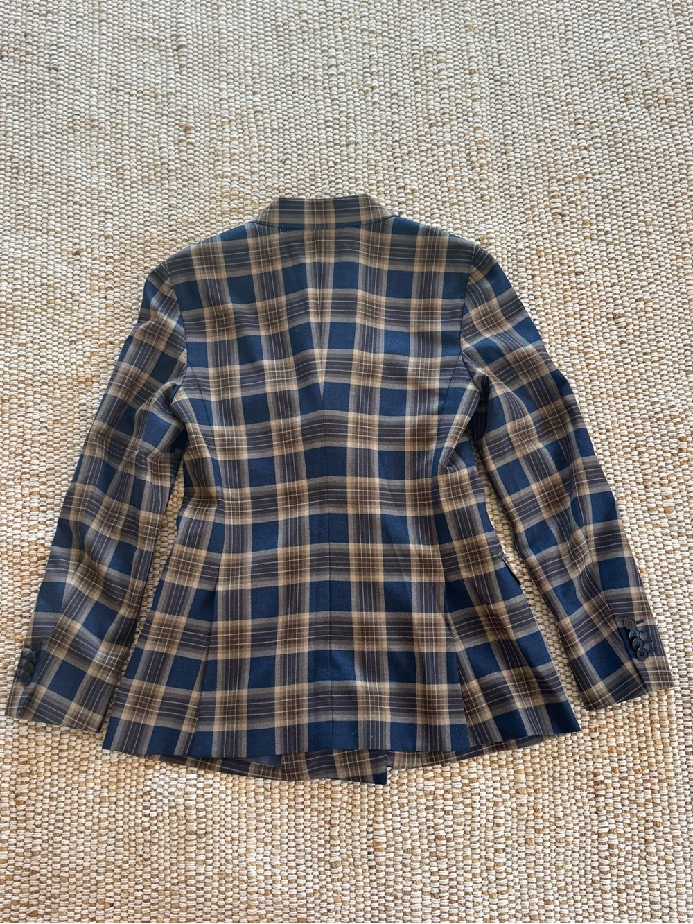 SUISTUDIO Italian Wool Plaid Double Breasted Blazer Cameron Navy Tan US 6 - Picture 3 of 12